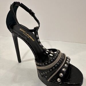 SAINT LAURENT PARIS EXOTIC PYTHON AND LEATHER BLACK PLATFORM SANDALS